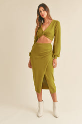 MABLE Women's Front Twisted Knit Top & Midi Skirt Set - Chic & Versatile Outfit